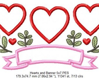 Hearts Trio Flowers Applique - Machine Embroidery Design (5x7 5x8