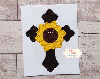 Cross and Sunflower - Applique Embroidery - 4x4 5x4 5x7 5x8 6x10 7x12 - Machine Embroidery Design - Easter Cross Embroidery - Sunflower