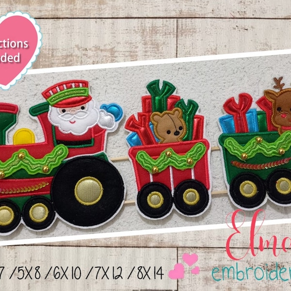 Proyecto ITH del tren de regalos de Santa Claus - Apliques - 5x7 5x8 6x10 7x12 8x20 Instrucciones de diseño de bordado de máquina de bordado navideño incluidas