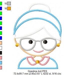 Puede incluir: Dise&ntilde;o bordado de una abuela sonriente con gafas, una diadema azul claro y un cuello rosa y dorado. El dise&ntilde;o est&aacute; etiquetado como "Grandma 4x4.PES" y mide 72,4 x 99,7 mm.