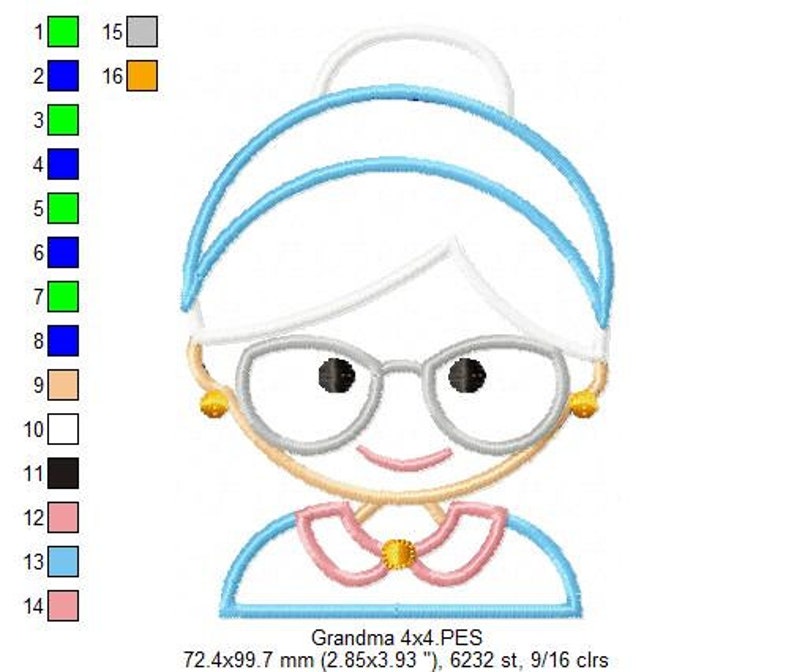 Puede incluir: Dise&ntilde;o bordado de una abuela sonriente con gafas, una diadema azul claro y un cuello rosa y dorado. El dise&ntilde;o est&aacute; etiquetado como "Grandma 4x4.PES" y mide 72,4 x 99,7 mm.