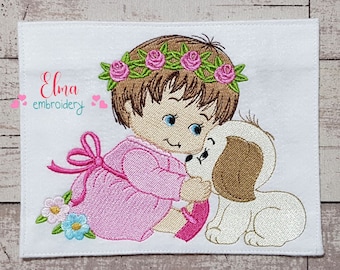 Baby Girl and Puppy Fill Stitch Embroidery Design (Digital Download)