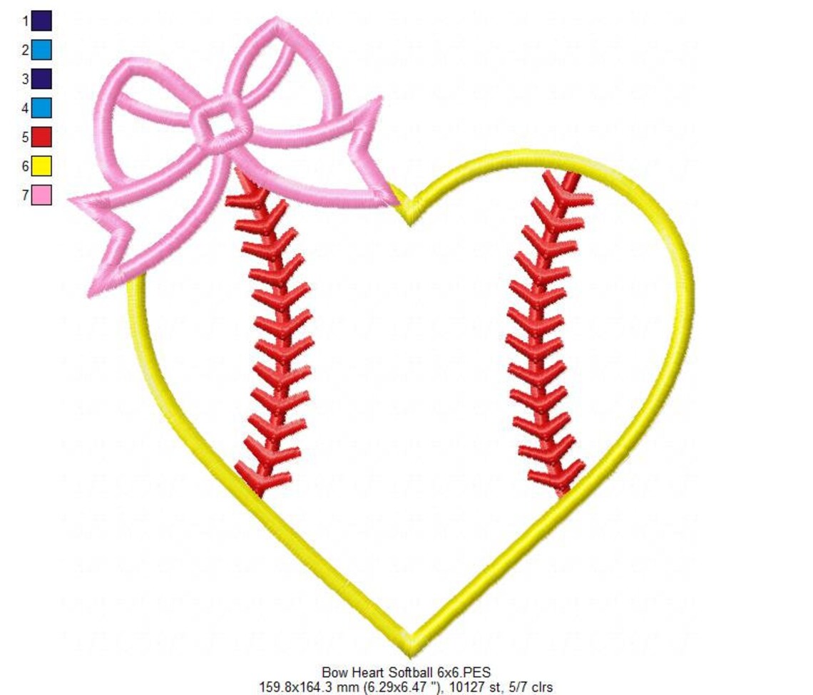 Bow Heart Softball Applique 4x4 5x5 6x6 7x7 Machine Etsy