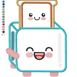 May include: A blue toaster with a happy face and a smiling piece of bread inside. The toaster has pink cheeks and a red mouth. The bread has brown crust and a happy face with black eyes.