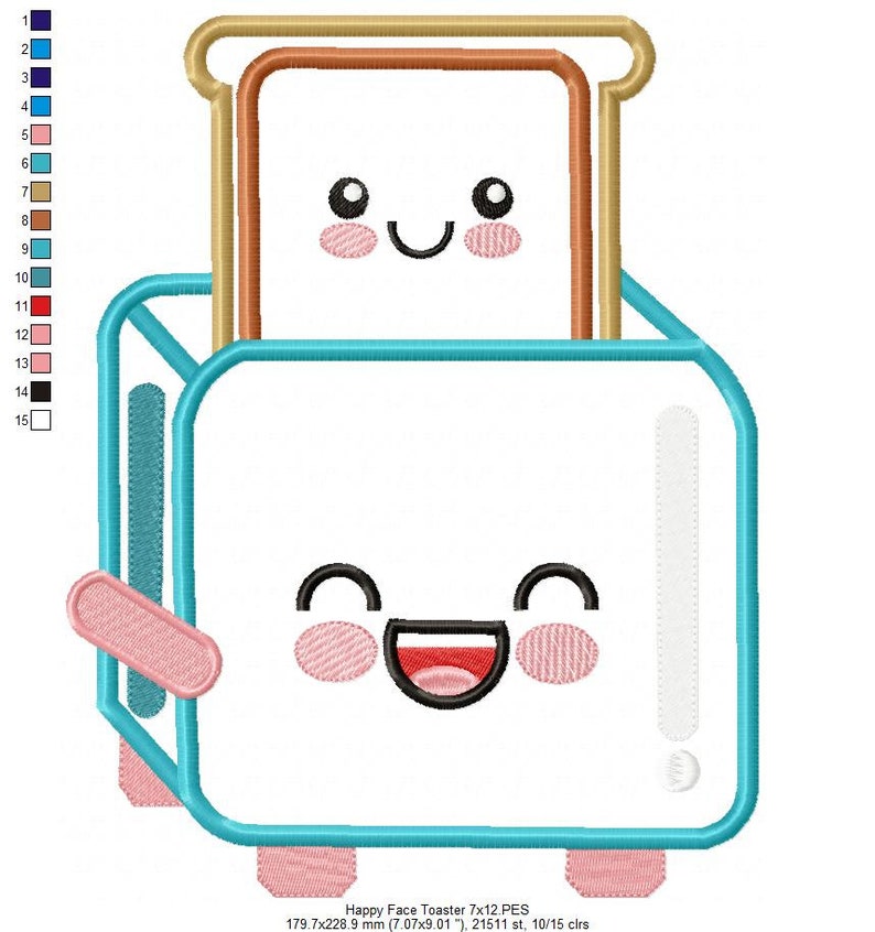 May include: A blue toaster with a happy face and a smiling piece of bread inside. The toaster has pink cheeks and a red mouth. The bread has brown crust and a happy face with black eyes.