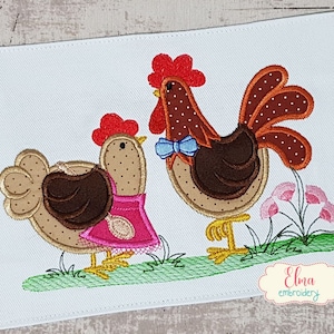 Frango e Galo - Design de bordado à máquina - Bordado de apliques - Bordado de animais - 5x4 5x7 6x10 7x12 - Bordado de cozinha