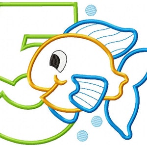 May include: A green outline of the number five with a yellow and blue cartoon fish swimming around it. The fish has a big eye and a smile. There are three blue circles around the fish.