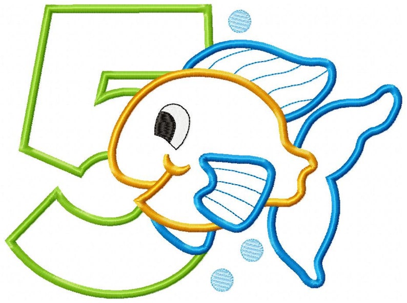 May include: A green outline of the number five with a yellow and blue cartoon fish swimming around it. The fish has a big eye and a smile. There are three blue circles around the fish.