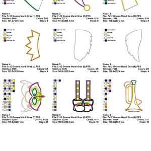 K&ouml;nnte beinhalten: Neun bunte Stickmuster f&uuml;r Mardi Gras, mit einer Krone, Fl&uuml;geln, einer Maske, Stiefeln, einer Trompete und mehr. Jedes Design ist etwa 14 bis 18 Zentimeter gro&szlig;.
