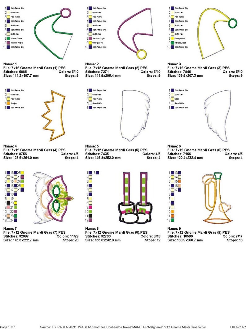 K&ouml;nnte beinhalten: Neun bunte Stickmuster f&uuml;r Mardi Gras, mit einer Krone, Fl&uuml;geln, einer Maske, Stiefeln, einer Trompete und mehr. Jedes Design ist etwa 14 bis 18 Zentimeter gro&szlig;.