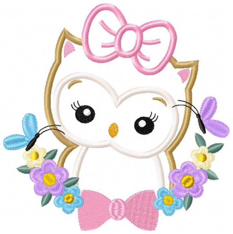 May include: A white owl with pink bows and a floral wreath. The owl has large black eyes and a yellow beak. The wreath is made of green leaves and colorful flowers.