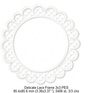May include: White delicate lace frame with a scalloped edge. The frame is 3.36 inches by 3.37 inches and has 5406 stitches.