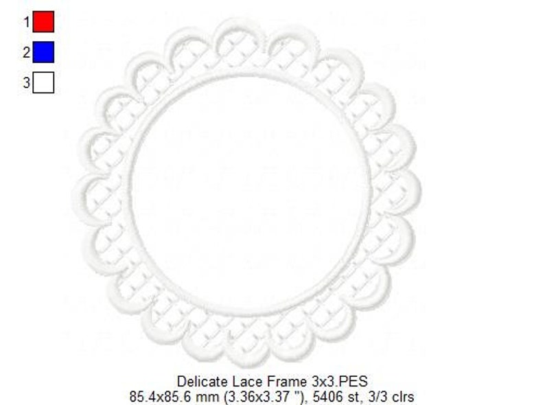 May include: White delicate lace frame with a scalloped edge. The frame is 3.36 inches by 3.37 inches and has 5406 stitches.