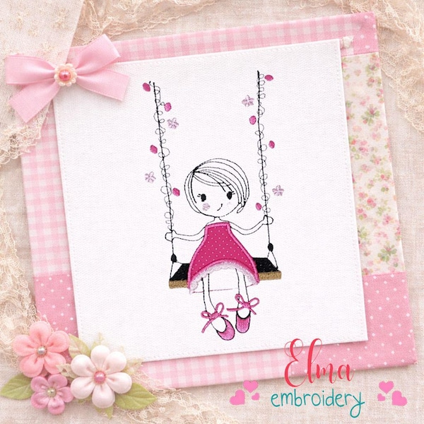 Diseño de bordado con aplique de niña en columpio: Decoración para habitación infantil (descarga digital)