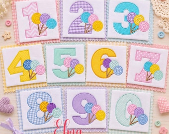 Números de cumpleaños con forma de piruleta (del 0 al 9) para aplique: Diseño para bordado a máquina (descarga digital)