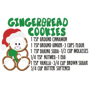 May include: Gingerbread cookie recipe with a gingerbread man illustration. The recipe includes 1 tsp ground cinnamon, 1 tsp ground ginger, 3 cups flour, 1 tsp baking soda, 1/2 cup molasses, 1/4 tsp nutmeg, 1 egg, 1 tsp vanilla, 3/4 cup brown sugar, and 3/4 cup butter softened.
