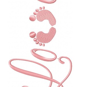 May include: Pink embroidered design of a pair of baby footprints with the word "Love" in a cursive script.