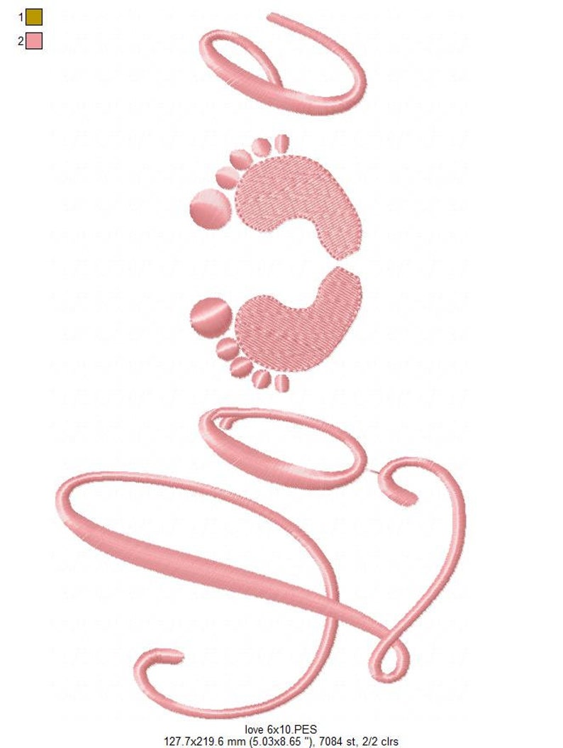 May include: Pink embroidered design of a pair of baby footprints with the word "Love" in a cursive script.