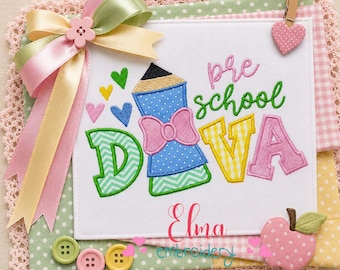 Pre School Diva Pencil Applique Machine Embroidery Design (Digital Download)