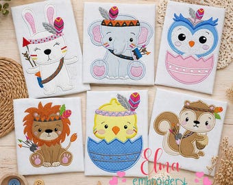 Boho Woodland Animals Embroidery Design Bundle: Lion, Owl, Bunny, Elephant, Chick, Squirrel (Digital Download)