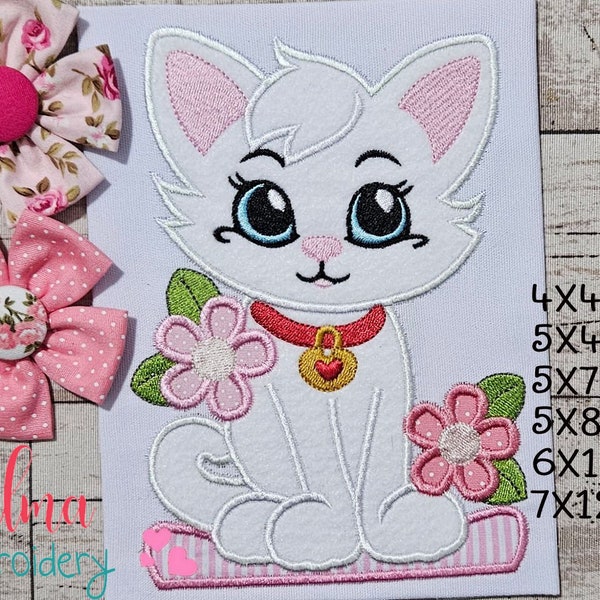 Cute Cat Girl and Flowers - Machine Embroidery Design - Applique - Animal Embroidery - 4x4 5x4 5x7 5x8 6x10 7x12 - Kitty Applique Designs