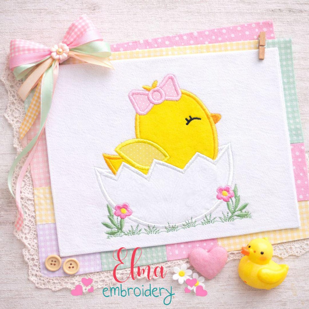 Chick in Egg Applique Embroidery Design Easter Baby Girl (digital ...