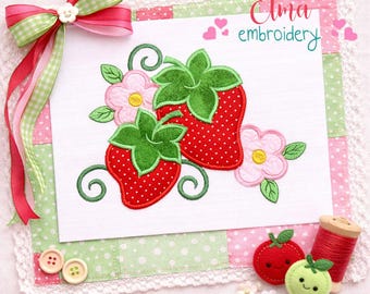 Strawberry Appliqué Embroidery Design: Floral Fruit Kitchen Machine File (Digital Download)