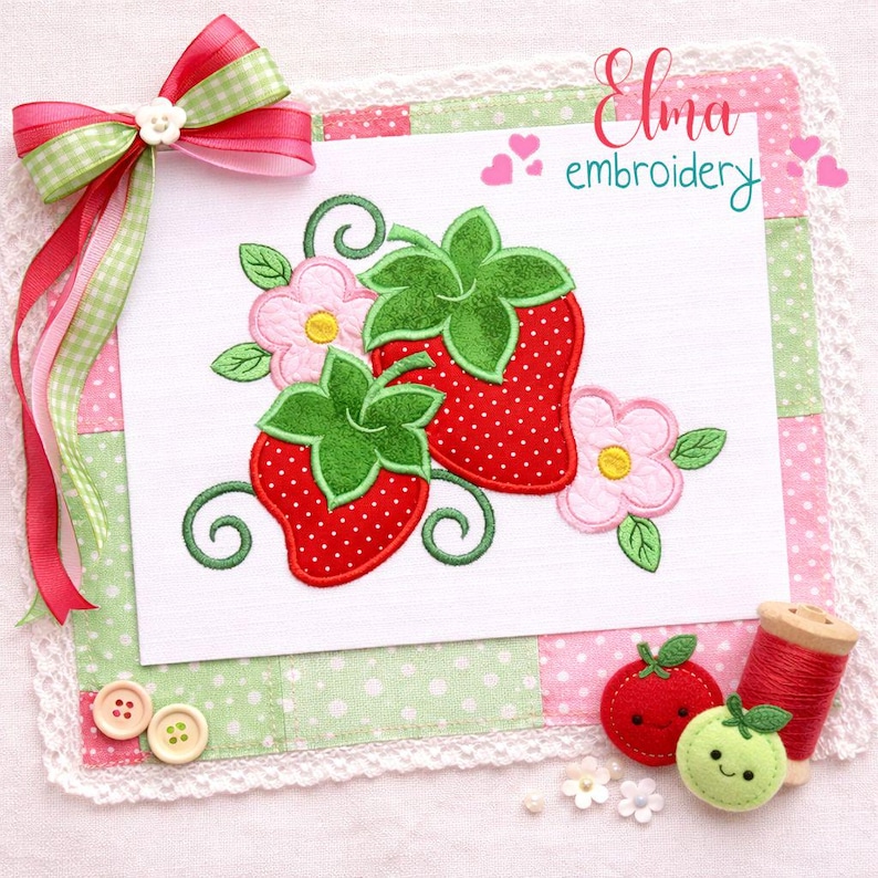 Strawberry Appliqué Embroidery Design: Floral Fruit Kitchen Machine File (Digital Download) image 1