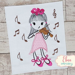 Swirly Girl Tocando Violino - Apliques de Bordado - 4x4 5x7 6x10 7x12 - Design de Bordado à Máquina - Bordado de Menina - Bordado de Bebê Menina