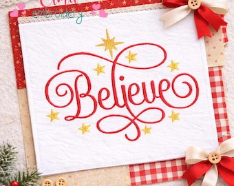 Believe Embroidery Design: Elegant Christmas Lettering with Stars – Holiday Home Decor (Digital Download)
