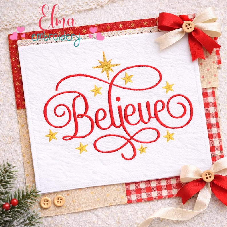 Believe Embroidery Design: Elegant Christmas Lettering with Stars – Holiday Home Decor (Digital Download) image 1