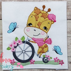 Giraffe Girl Embroidery Design: Bicycle Flowers Fill Stitch (Digital Download)