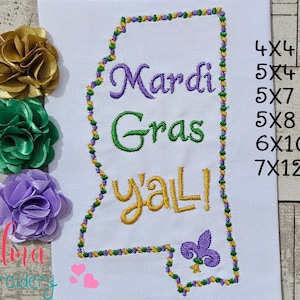 Mississippi kaart Mardi Gras Y'all - Machine borduurwerk ontwerpen - opvulsteek - Mardi Gras borduurwerk - 4 x 4 5 x 4 5 x 7 5 x 8 6 x 10 7 x 12 - Mardi Gras