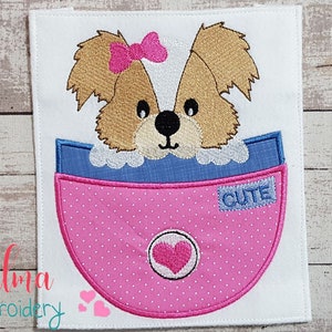 Filhote de cachorro menina no bolso - Design de bordado à máquina - Apliques - Bordado de animais -4x4 5x4 5x7 5x8 6x10 7x12 - Bordado de bolso de cachorro