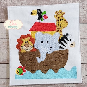May include: Embroidered design of a brown ark with a red roof, carrying a lion, elephant, giraffe, and zebra. The ark is floating on blue water with a green fish.