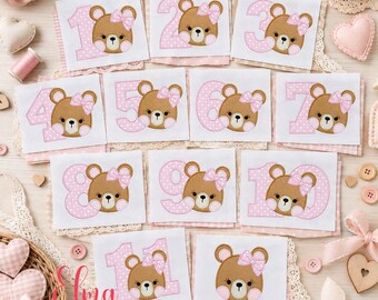 Teddy Bear Girl Birthday Numbers Applique Embroidery Design Set (Instant Download)