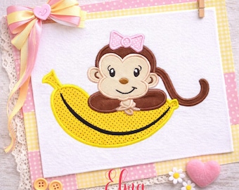 Monkey Girl on Banana Applique Embroidery Design Jungle Nursery (Digital Download)