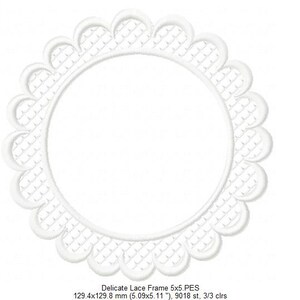 May include: White delicate lace frame with a scalloped edge. The frame is 5 inches by 5 inches and has 9018 stitches.