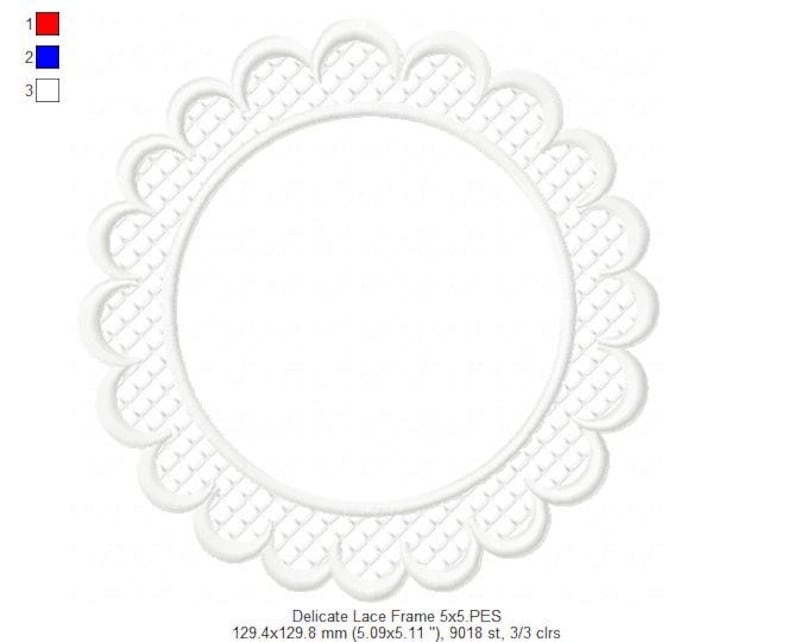 May include: White delicate lace frame with a scalloped edge. The frame is 5 inches by 5 inches and has 9018 stitches.