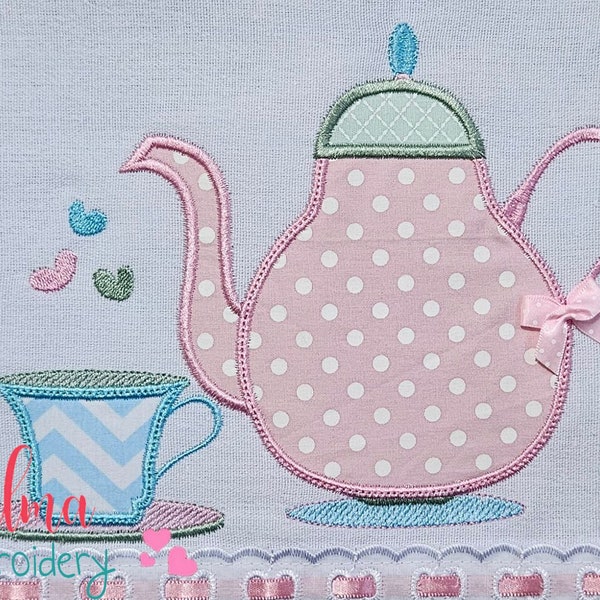 Teapot and Teacup -  Applique - 5x4 5x7 5x8 6x10 7x12 - Machine Embroidery Design - Kitchen Embroidery - Tea Pot Applique - Teacup applique