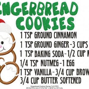 May include: A gingerbread man cookie cutter design with a red Santa hat and green holly. The image includes a recipe for gingerbread cookies: 1 tsp ground cinnamon, 1 tsp ground ginger, 3 cups flour, 1 tsp baking soda, 1/2 cup molasses, 1/4 tsp nutmeg, 1 egg, 1 tsp vanilla, 3/4 cup brown sugar, 3/4 cup butter softened.
