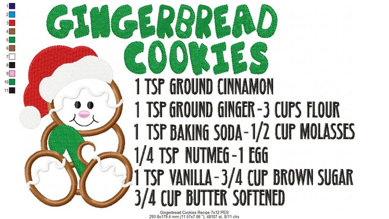 May include: A gingerbread man cookie cutter design with a red Santa hat and green holly. The image includes a recipe for gingerbread cookies: 1 tsp ground cinnamon, 1 tsp ground ginger, 3 cups flour, 1 tsp baking soda, 1/2 cup molasses, 1/4 tsp nutmeg, 1 egg, 1 tsp vanilla, 3/4 cup brown sugar, 3/4 cup butter softened.
