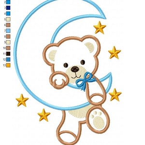 Bear Boy on the Moon Machine Embroidery Design Applique Animal Embroidery 4x4 5x4 5x7 5x8 6x10 7x12 Teddy Bear Embroidery image 6