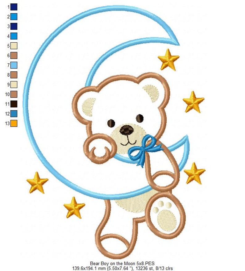 Bear Boy on the Moon Machine Embroidery Design Applique Animal Embroidery 4x4 5x4 5x7 5x8 6x10 7x12 Teddy Bear Embroidery image 6