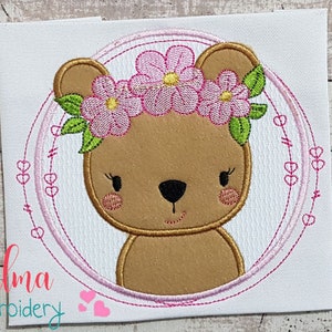 Bear Girl Flowers Frame - Machine Embroidery Design - Applique Embroidery - Animal Embroidery - 4x4 5x5 6x6 7x7