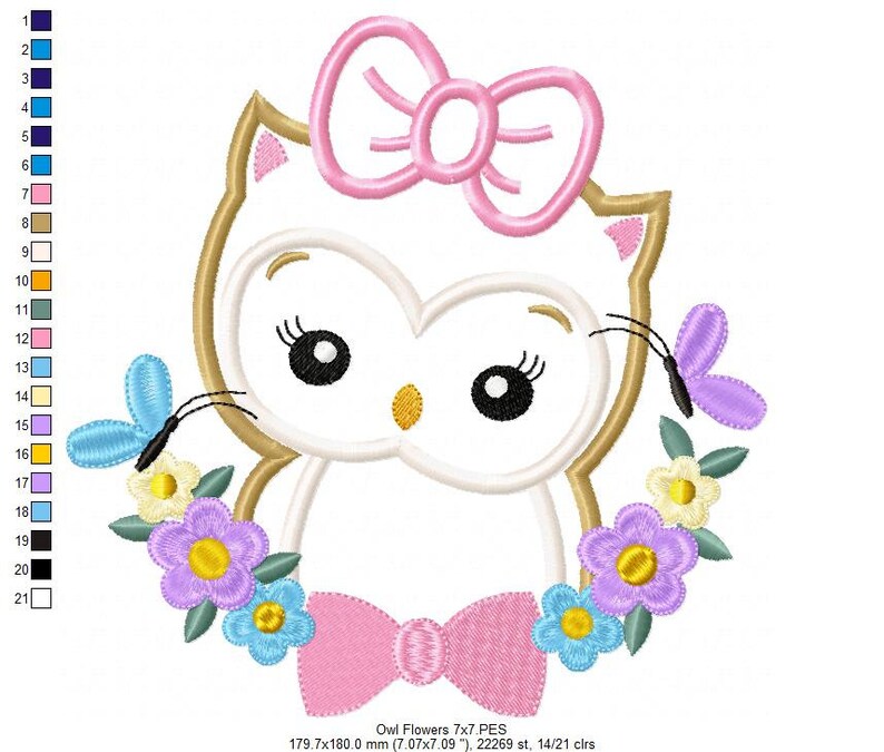 May include: Embroidered design of a white owl with a pink bow, surrounded by a wreath of colorful flowers and butterflies. The owl has large black eyes and a pink bow around its neck. The design is 7 inches by 7 inches and has 14 colors.