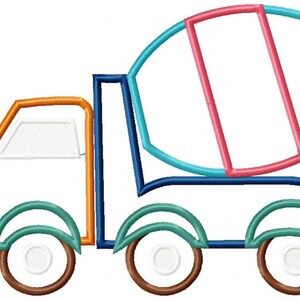 Puede incluir: Un cami&oacute;n mezclador de cemento de dibujos animados con un contorno azul, verde, naranja y marr&oacute;n. El cami&oacute;n tiene un faro amarillo y tres ruedas marrones.