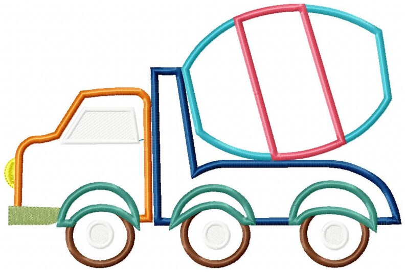 Puede incluir: Un cami&oacute;n mezclador de cemento de dibujos animados con un contorno azul, verde, naranja y marr&oacute;n. El cami&oacute;n tiene un faro amarillo y tres ruedas marrones.