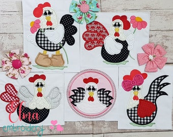 May include: Five embroidered designs of chickens with different colors and patterns. The chickens are in various poses, including standing, sitting, and holding flowers. The designs are perfect for adding a touch of whimsy to any project.