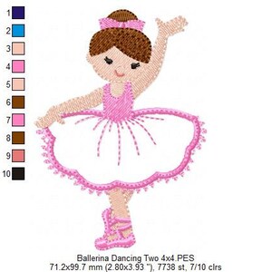 May include: A pink and white ballerina doll with brown hair and a pink bow. The doll is wearing a white tutu with pink trim and pink shoes. The doll is in a dancing pose with one leg raised.